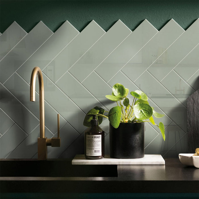 Brooklyn Sage Green Gloss | Flat Subway Metro Brick Wall Tile | 7.5cm x 30cm