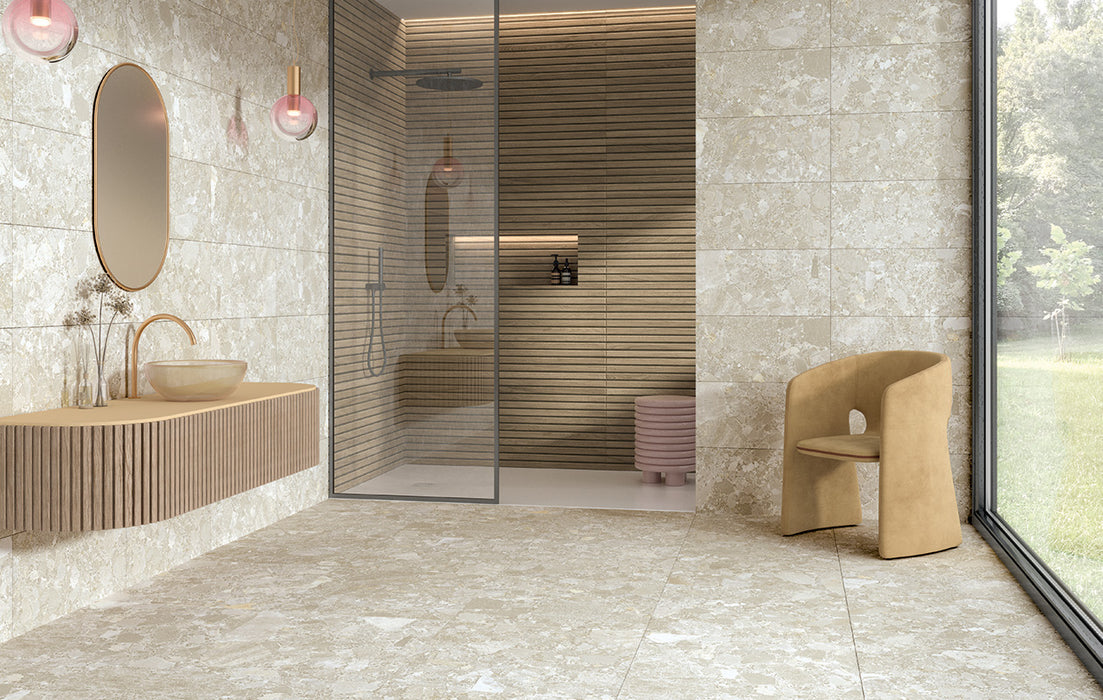 Essentials Terrazzo Stone Avorio porcelain tiles 60x120 in modern bathroom, terrazzo-effect walls and floors in warm neutral shades