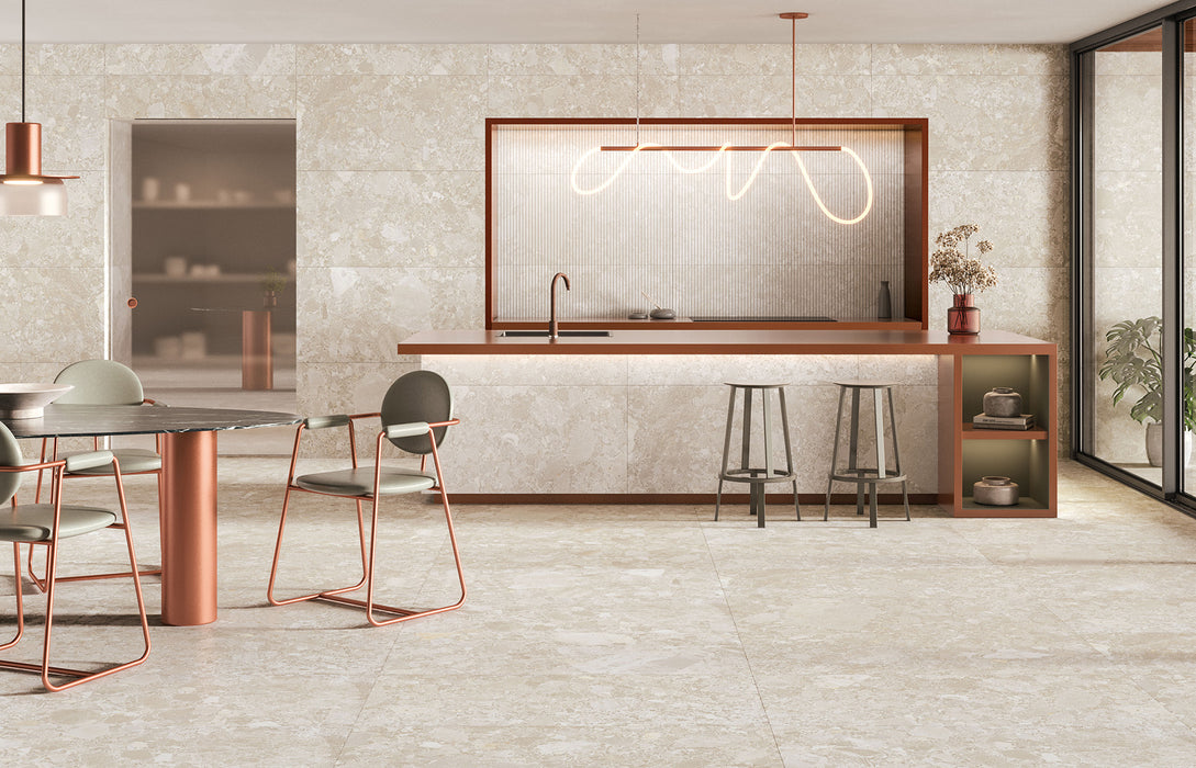 Essentials Terrazzo Stone Avorio porcelain wall tiles 60x120 in modern kitchen, warm terrazzo-style texture with soft neutral colouring