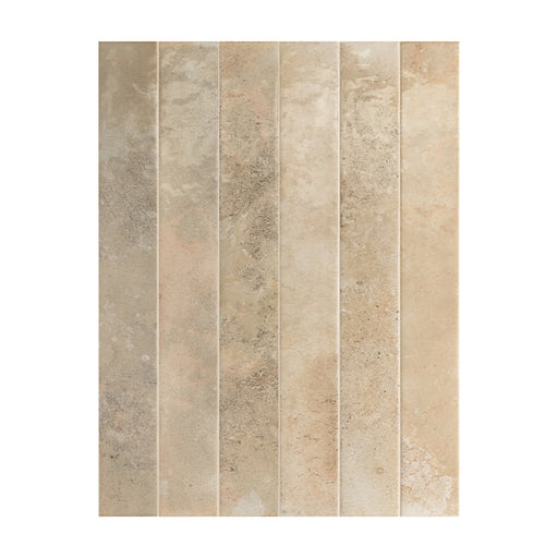 Jumairah Almond Nut Gloss 5x40 wall tiles shown laid vertically, with warm beige colouring and a high-gloss, zellige-effect surface.
