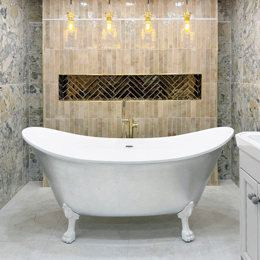 Gloss almond nut vertical wall tiles used in a traditional bathroom, adding warmth and texture around a freestanding bath and brass fittings.